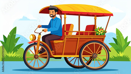 Illustration of a man riding a vintage-style pedicab with a yellow roof, against a backdrop of green foliage.