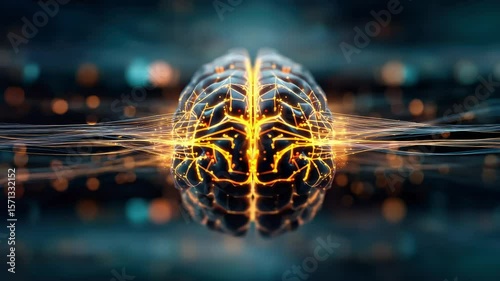Animation with abstract digital illustration of a glowing brain with neural connections, surrounded by a shimmering blue background, representing intelligence and technology