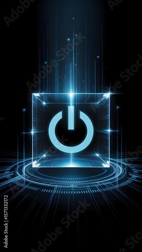 Shining power button symbol in a bright cube against black background, for technology ideas.