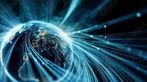 Animation with abstract digital illustration of a glowing planet with light trails, representing connectivity and technology in a futuristic space environment