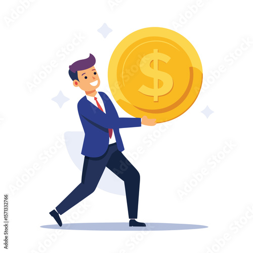 Businessman holding a large dollar coin symbolizing financial success and wealth