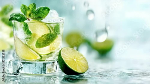 Animation with refreshing cocktail with lime and mint leaves in a glass, surrounded by ice cubes, showcasing vibrant colors and a cool summer vibe