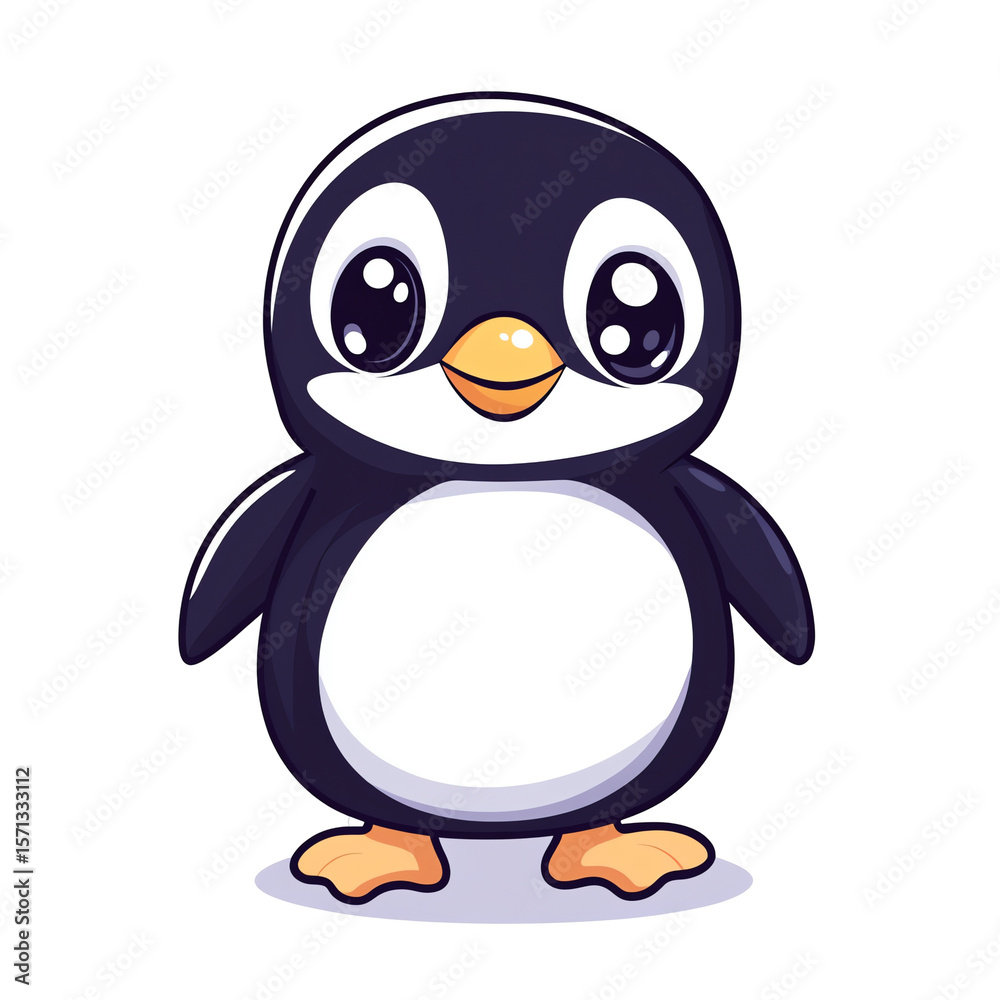 Obraz premium Adorable Cartoon Penguin: Cute, Happy, Big Eyes, Winter Animal Illustration, Perfect for Kids' Products, Children's Books, Greeting Cards, and More!