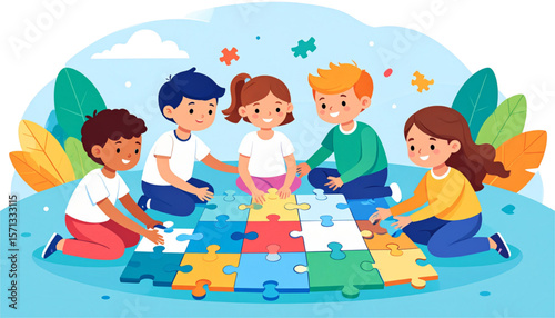 A group of children working together to assemble a colorful jigsaw puzzle.