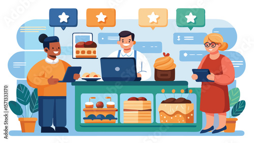 Business people working together in various office situations in a circular cartoon illustration