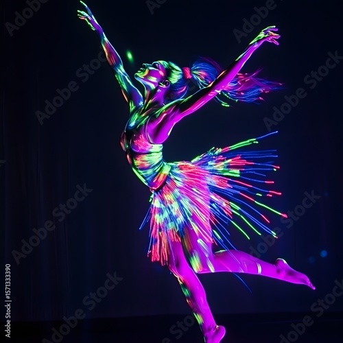 Electric Elegance: A Dancer in Motion, Her Neon Paint Glowing in the Dark, dancing woman dancing