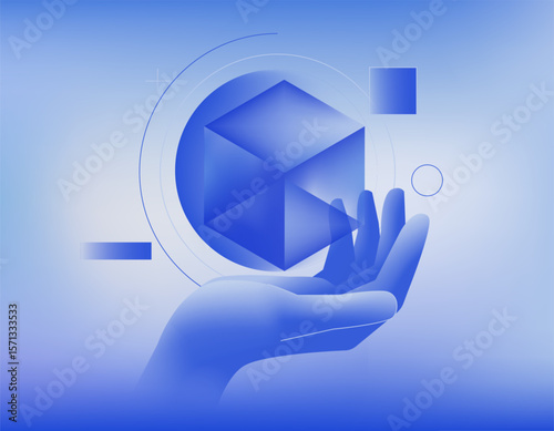 Vector illustration in modern 3D gradient style: blue hand holding a geometric cube with circles and squares on a soft blue background. Trendy digital art, tech innovation theme.