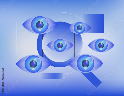 Vector illustration in trendy gradient style: multiple blue eyes with magnifying glass, geometric lines and shapes on a blue background. Modern digital-art, surveillance and search theme.