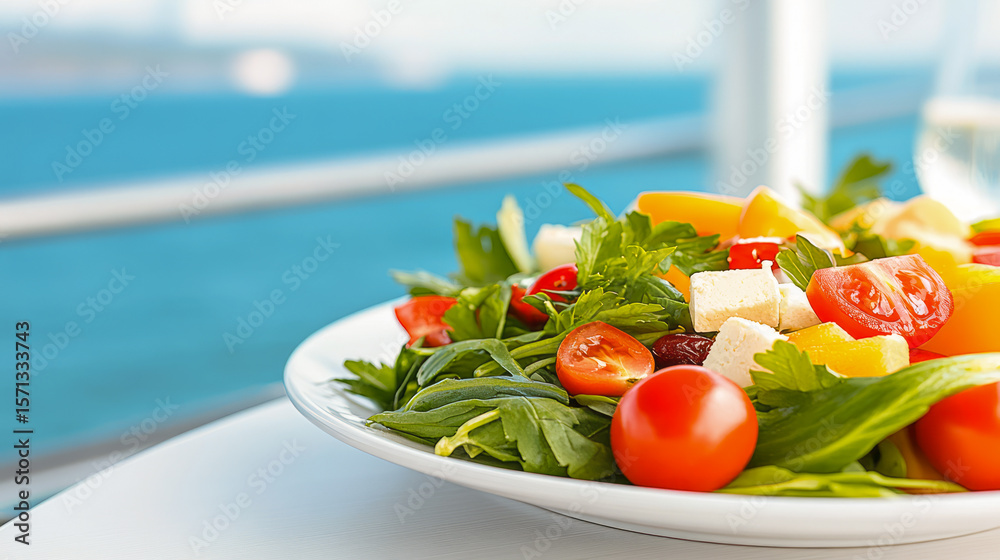 Fototapeta premium Fresh summer salad with cherry tomatoes, arugula, and cheese cubes served on a cruise ship deck, ocean in the background, vibrant colors, healthy vacation meal vibe, perfect for travel and lifestyle