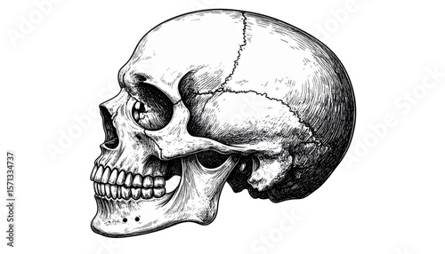 Detailed illustration of a human skull in profile, showcasing bone structure and anatomical details.
