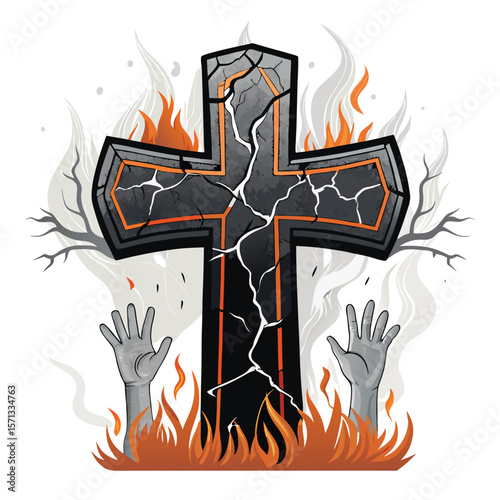 Black image cracked cross, flames, and ghostly hands.