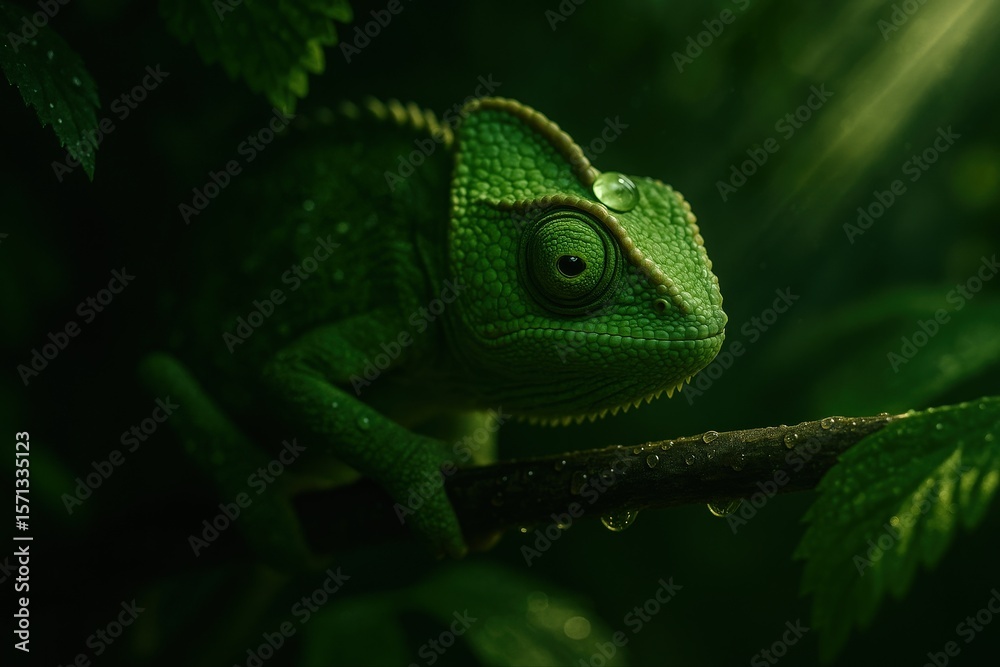 Fototapeta premium green iguanperched on branch in rainforest.