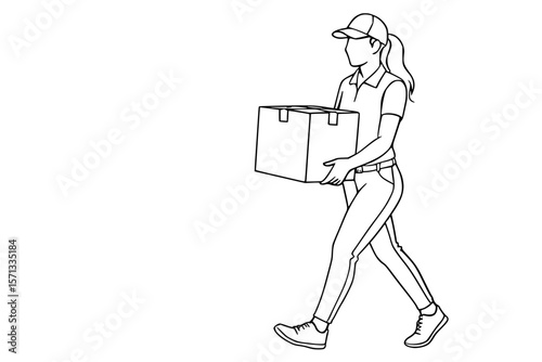 Line art illustration a delivery person walking with a cardboard package

