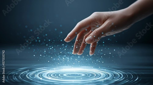 Hand reaching towards shimmering water surface, creating ripples and sparkling droplets, illustrating the concept of interaction with nature and the beauty of fluid dynamics