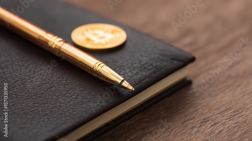 Luxury Gold Coins Symbolising Wealth and Prestige, A luxurious pen rests on a black notebook with a golden cryptocurrency coin, symbolizing finance and investment.