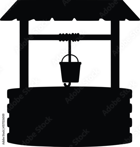 Black Well Structure Silhouette with Pulley and Bucket, Ideal for Rural or Historical Design Projects