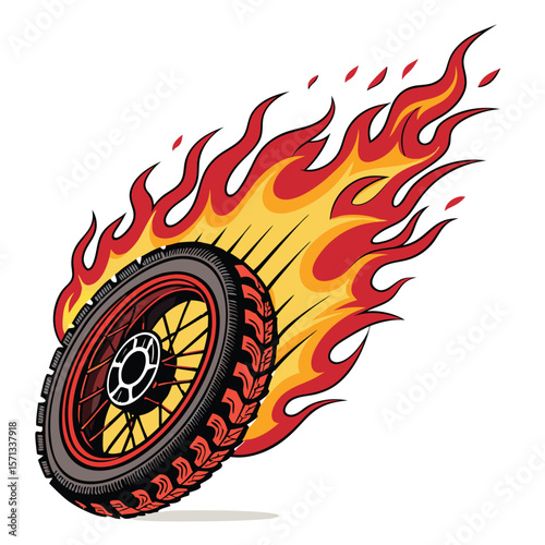 A flaming dirt bike tire hurtles towards an unseen object.