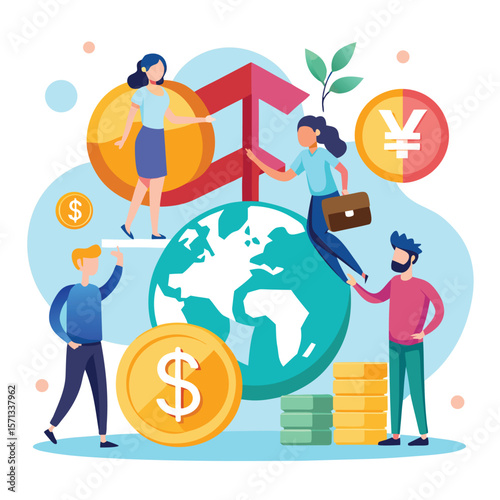 Global finance team discussing international currency exchange and financial transactions