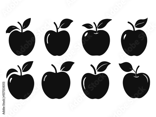 Collection of eight black apple icons with leaves and stems on a white background