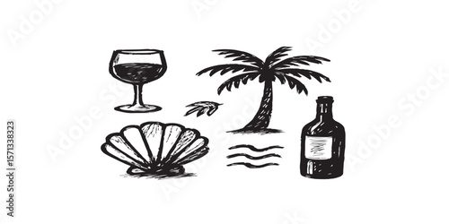 Print   Italian or greek style vacation hand drawn vector illustrations in grunge scribble rough doodle sketch style poster or placard. Wine, palm tree, seashell vacation in chalk charcoal style drawi