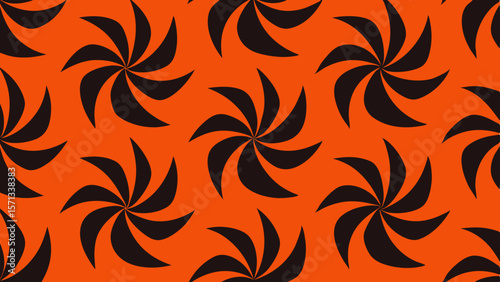 Seamless pattern of black pinwheel shapes on a vibrant orange background