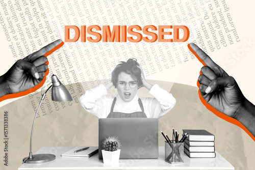 Image full poster art collage of puzzled businesswoman hold head sit office workplace hands point dismissed redundancy staff