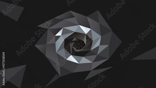 Abstract geometric spiral vortex with polygonal facets and dark background