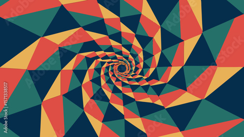 Geometric spiral vortex pattern with retro color palette and sharp angles