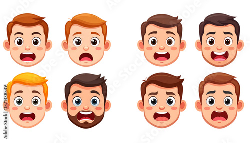 Cartoon illustrations of various male faces expressing different emotions, surprised and open-mouthed.