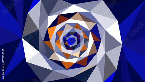 Geometric spiral pattern with blue orange and gray polygons