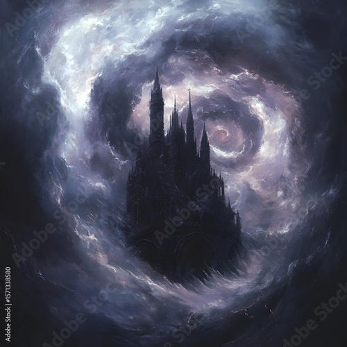 Black Stone Bastion: A Dark Citadel of Obsidian Shrouded in Storm and Mystery, dark stormy sky
