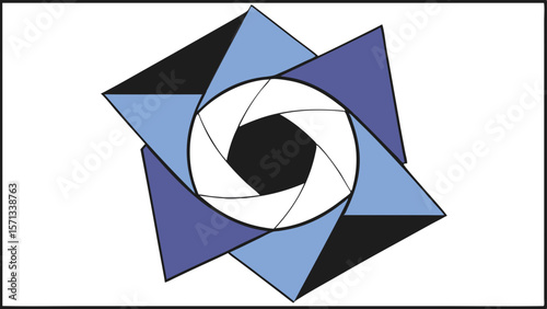 Abstract geometric design with camera aperture and triangles in blue and black