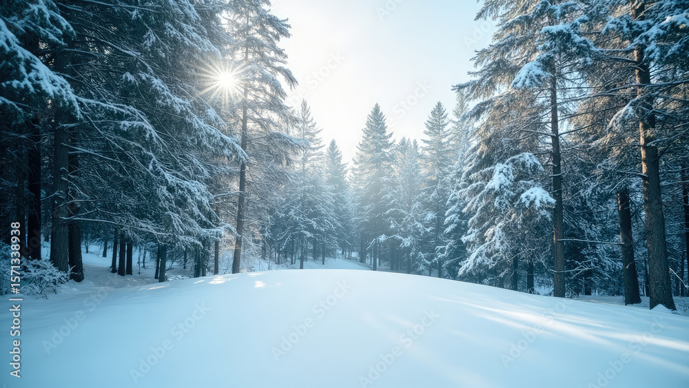 Naklejka premium Winter landscape with snow covered evergreen trees and a bright sunburst in a snowy forest scene with a clear blue sky