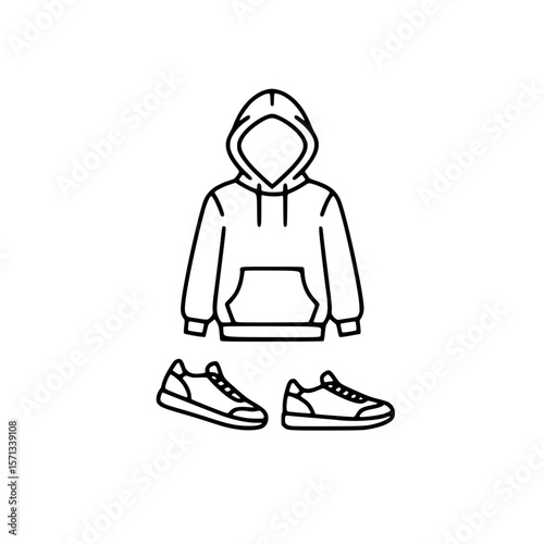 Modern streetwear hoodie and sneakers in minimalist line art design  