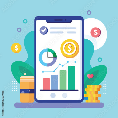 Mobile financial management and investment tracking illustrated with charts and monetary symbols