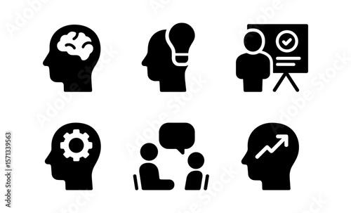 Mental coaching icons: brainstorming, presentation, and personal development symbols