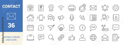 Contact Line Editable Icons Set. Phone, Email, Chat, Address, Internet, Message, Call, and More. Vector Illustration.