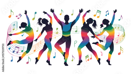 Vibrant Silhouette Dancers in Motion with Musical Notes and Rainbow Coloring on a White Background