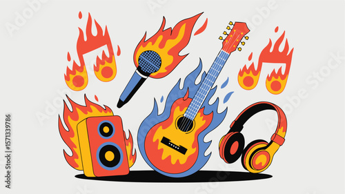 Vibrant Musical Instrument Icons with Guitar, Microphone, Speaker, Headphones, and Fiery Flames