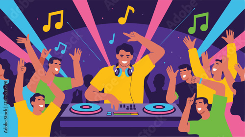 Vibrant Party DJ Playing Music with Cheering Crowd and Colorful Lights
