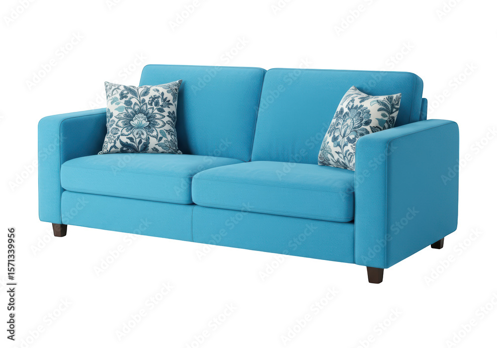 Obraz premium Comfortable Modern Blue Upholstered Sofa with Decorative Throw Pillows for Living Room or Apartment Decor