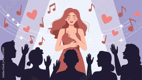 Singer Performing on Stage with Musical Notes and Hearts Surrounded by Enthusiastic Audience