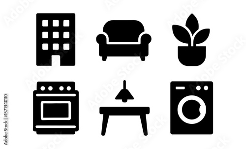 Minimalist icons of home and interior essentials: furniture, appliances, and decor