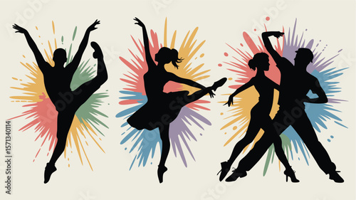 Silhouetted Dancers Striking Poses with Colorful Splash Backgrounds, Ballerinas and a Dancing Couple Illustration