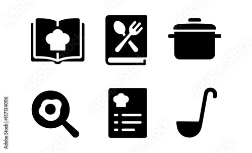 Cooking icons collection: cookbook, utensils, pan, recipe, pot, culinary symbols