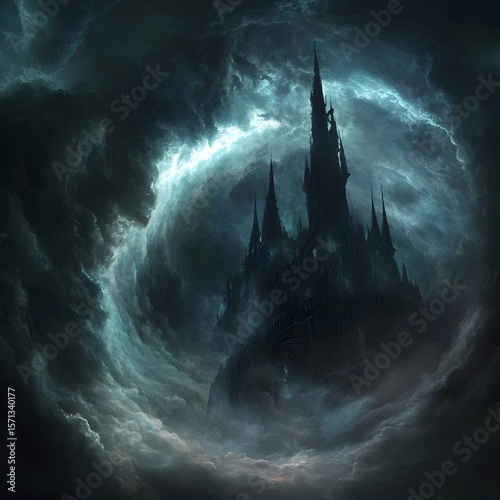 The Obsidian Fortress: A Dark Castle Nestled Deep in the Storm-Swept Mountains, dark storm clouds