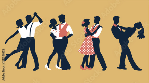 Silhouette Illustration of Couples Dancing Lindy Hop and Other Swing Dances on Tan Background