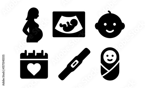 Pregnancy and parenthood icons: ultrasound, baby, calendar, and newborn symbols