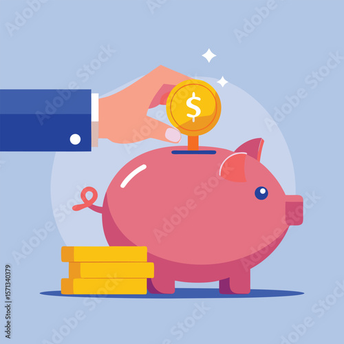 Person saving money by depositing dollar coin into a pink piggy bank illustration