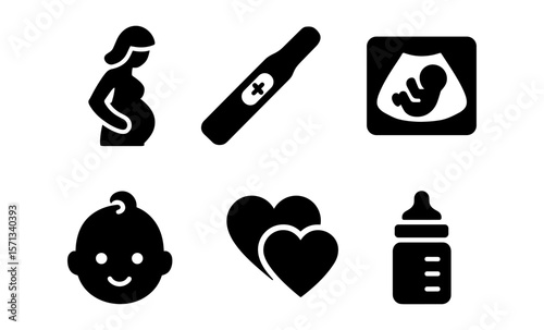 Pregnancy and parenthood icons: mother, baby, ultrasound, and baby bottle illustrations